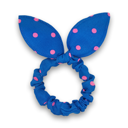 Scrunchie m. Bunny Ears - blau mit pinken Tupfen